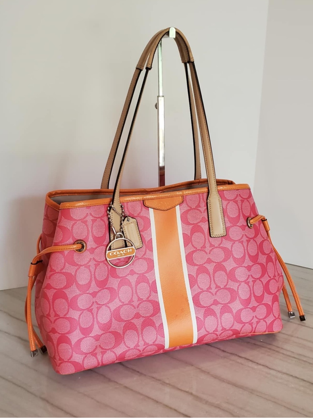 Coach Signature Stripe Drawstring Carry All Shoulder Bag Pink & Orange F29064